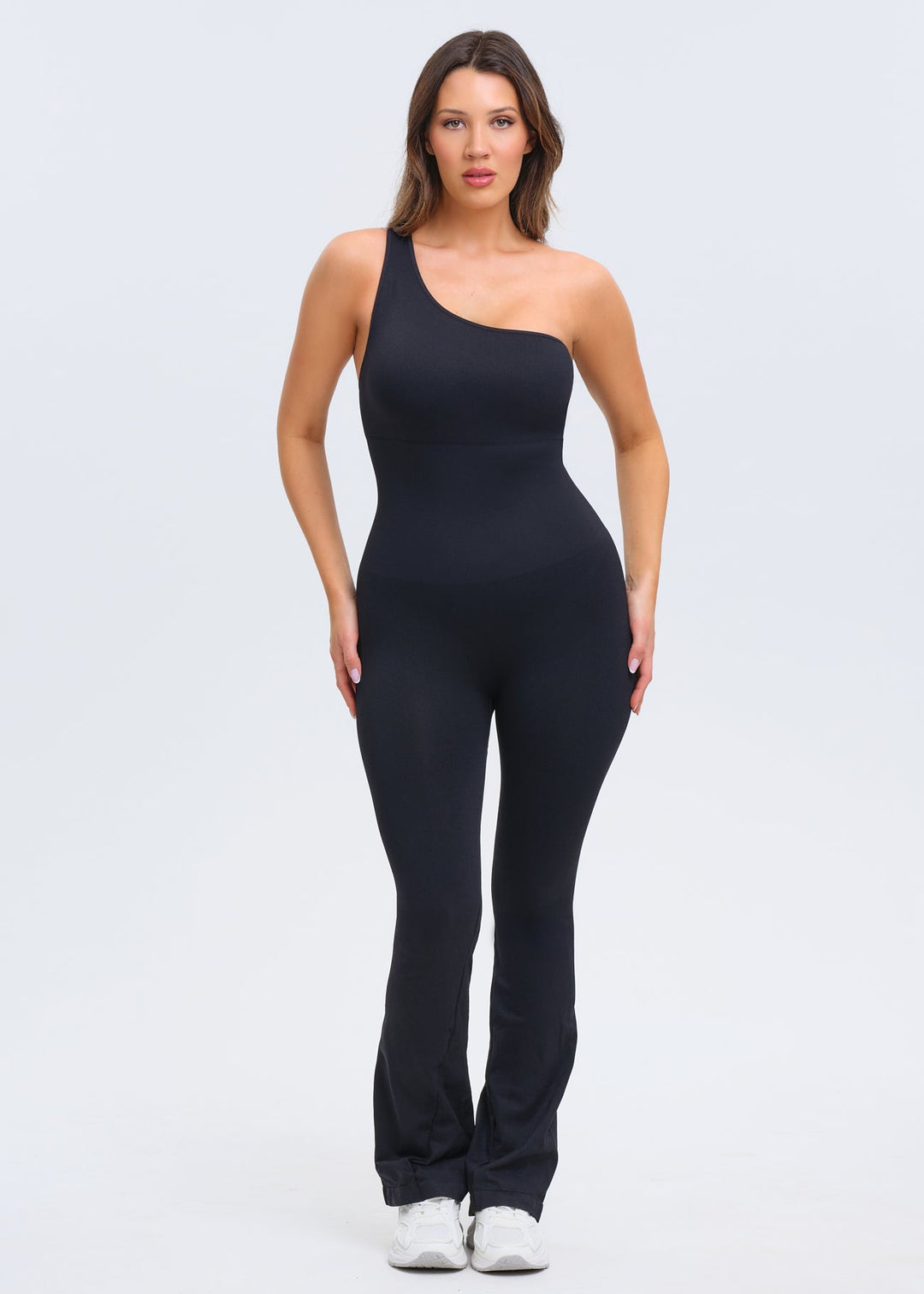 SnatchedKnit One-Shoulder Flare Jumpsuit